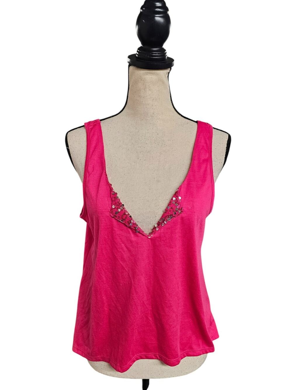 WEAVERS Pink Sequined Sz Large Deep V Flowy Sequined Tank Top Beach Vacation